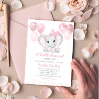 Cute Elephant Girl Balloons Baby Shower Invitation