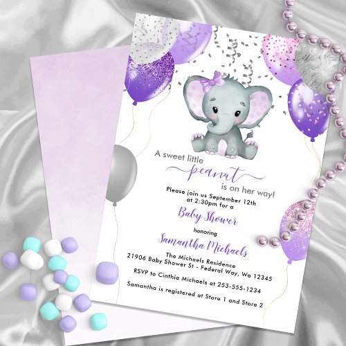 Cute Elephant Girl Balloons Baby Shower Invitation