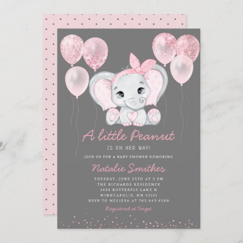 Cute Elephant Girl Balloons Baby Shower Invitation