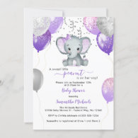 Cute Elephant Girl Balloons Baby Shower Invitation