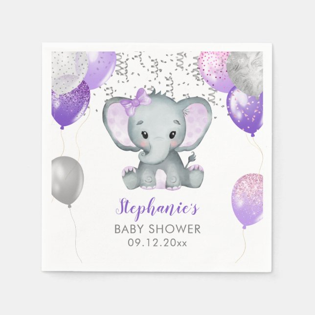 Cute Elephant Girl Balloons Baby Shower Napkins (Front)