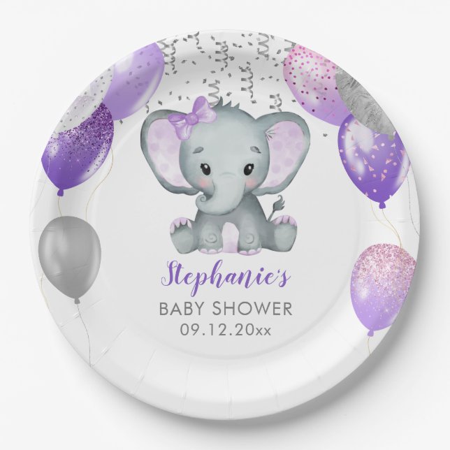 Cute Elephant Girl Balloons Baby Shower Paper Plates (Front)