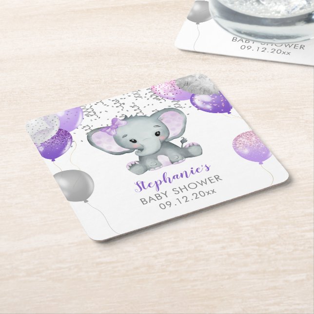 Cute Elephant Girl Balloons Baby Shower Square Paper Coaster (Angled)