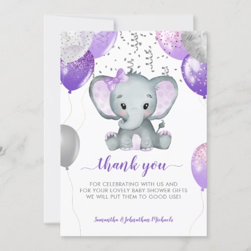 Cute Elephant Girl Balloons Thank You Card