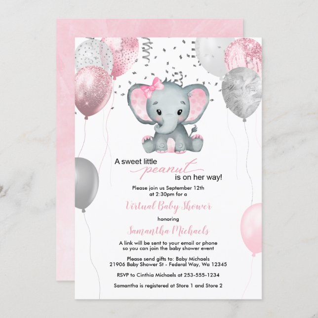 Cute Elephant Girl Balloons Virtual Baby Shower Invitation (Front/Back)