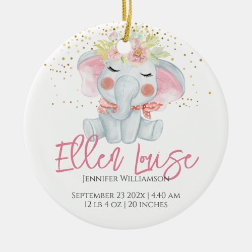 Cute Elephant Girl Birth Stats Photo Baby Ceramic Ornament