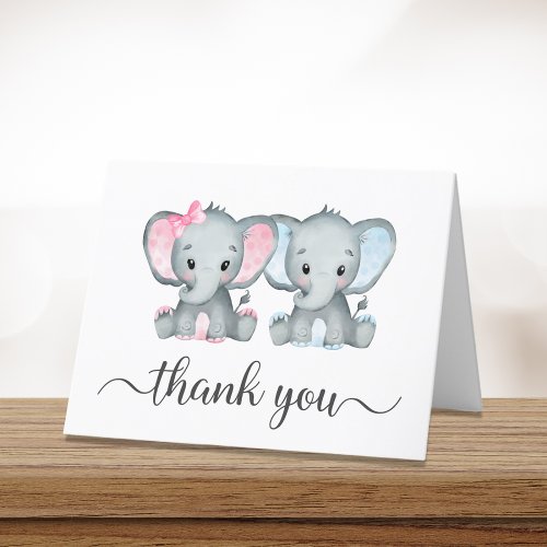 Cute Elephant Girl Boy Twins Baby Shower Thank You Card