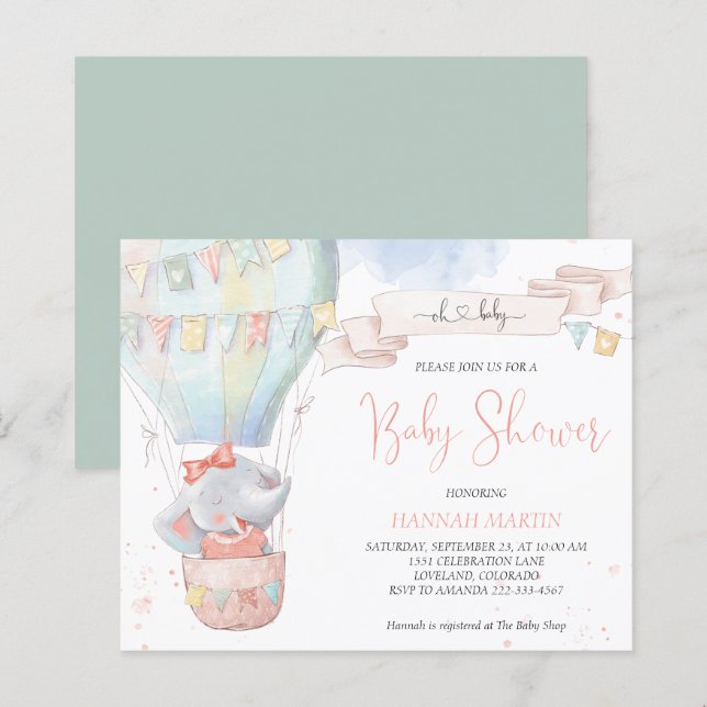 Cute Elephant Girl Budget Baby Shower Invitation (Front/Back)