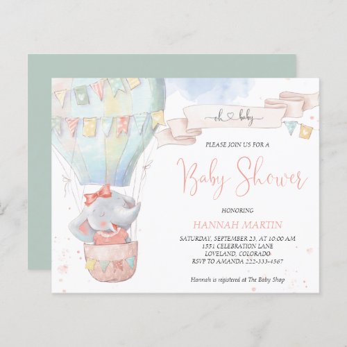 Cute Elephant Girl Budget Baby Shower Invitation