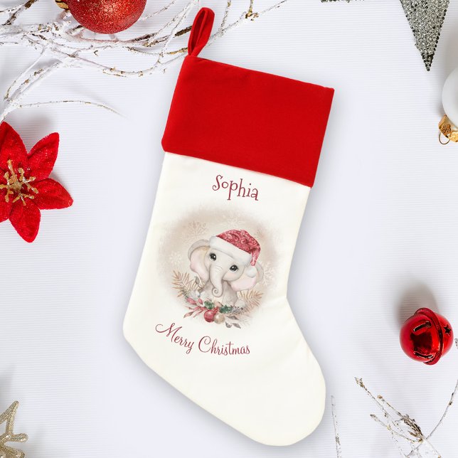 Cute Elephant Girl Christmas Stocking (Cute Elephant Baby Christmas Stocking for girl, red and white)