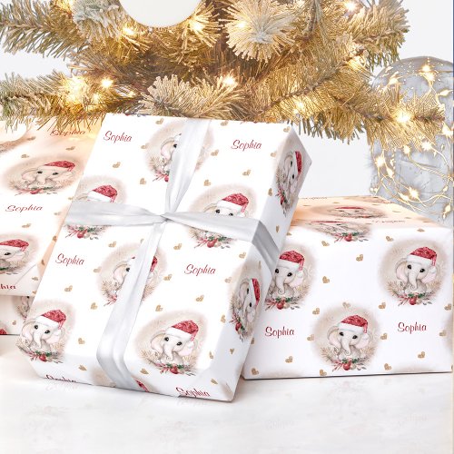 Cute Elephant Girl Christmas Wrapping Paper Name