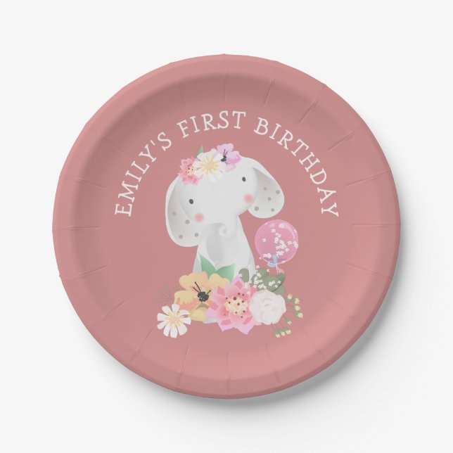Cute Elephant Girl First Birthday Dusty Pink Paper Plates (Front)
