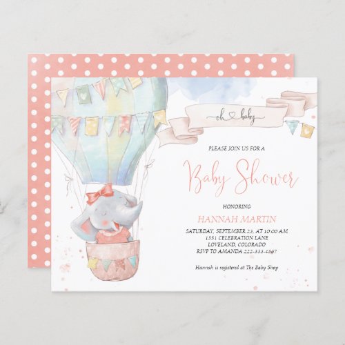 Cute Elephant Girl Pink Baby Shower  Invitation