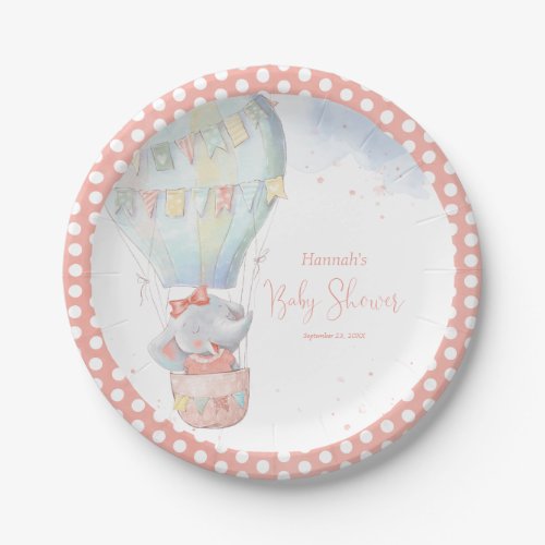 Cute Elephant Girl Pink Baby Shower Polka Dot Paper Plates