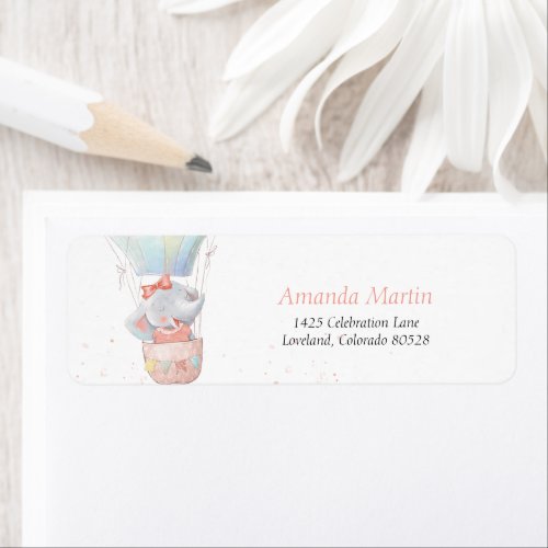 Cute Elephant Girl Pink Baby Shower Return Address Label