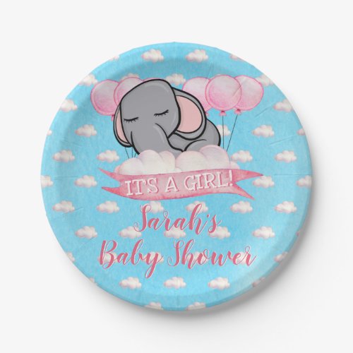 Cute Elephant Girl Pink Baby Shower Watercolor Paper Plates