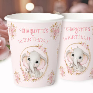 Cute Elephant Girl Pink Floral Roses 1st Birthday Paper Cups