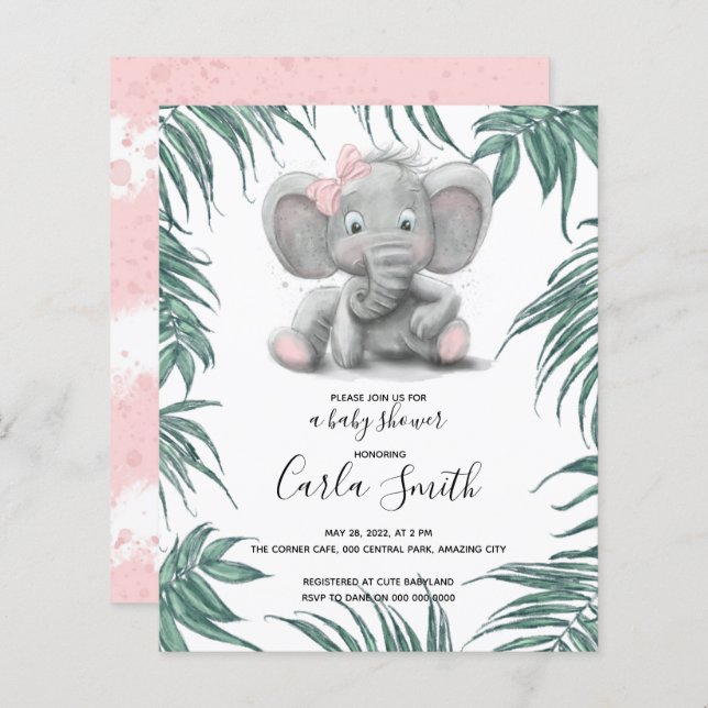 Cute elephant girl with leaves for baby shower (Front/Back)