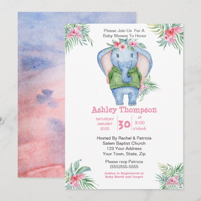 Cute Elephant  Girls Baby Shower Invitation (Front/Back)