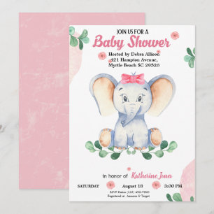 Cute Elephant Girls Baby Shower Invitation