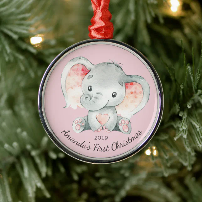 Cute Elephant Girls First Christmas Ornament | Zazzle