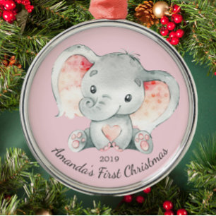 Cute Elephant Girls First Christmas Ornament