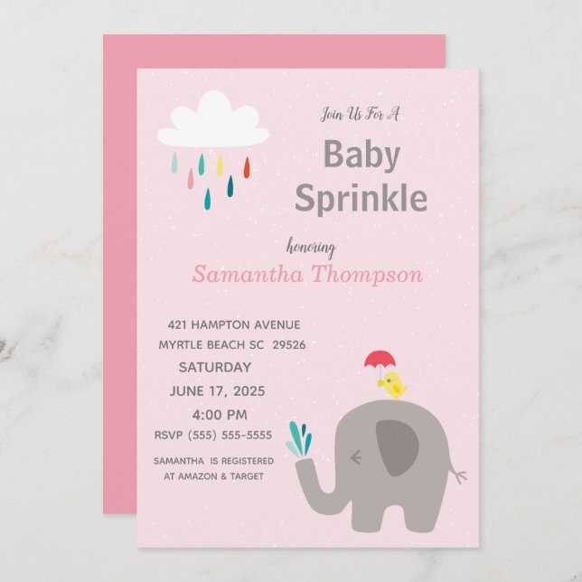 Cute Elephant Girls Pink Baby Sprinkle Shower    Invitation (Front/Back)