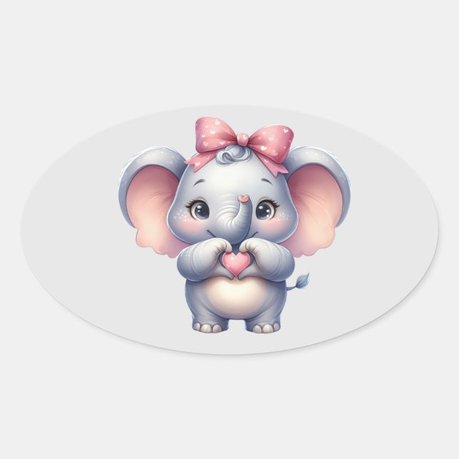 Cute Elephant Giving Heart -  Oval Sticker (Front)