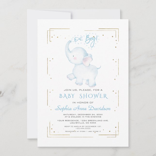 Cute Elephant Gold Glitter Boy Baby Shower Invitation (Front)
