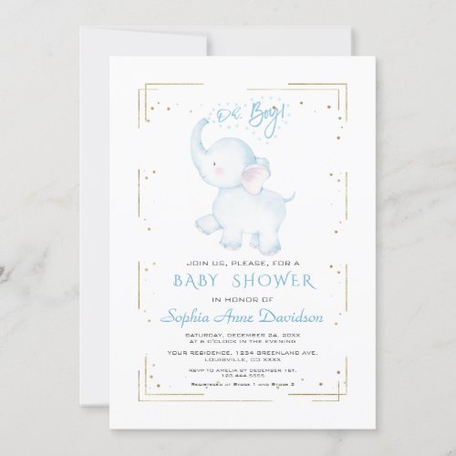 Cute Elephant Gold Glitter Boy Baby Shower Invitation