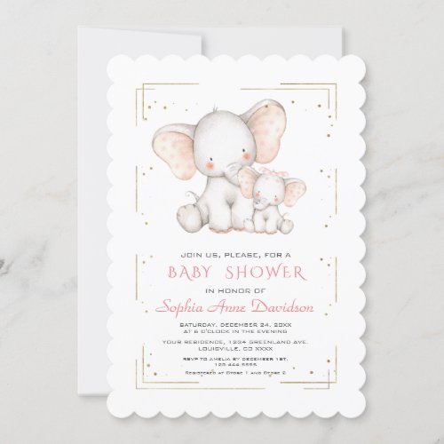Cute Elephant Gold Glitter Girl Baby Shower Invitation
