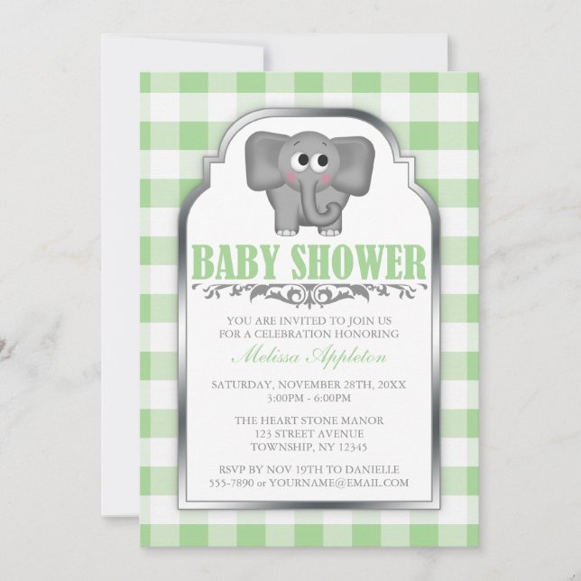 Cute Elephant Green Gingham Baby Shower Invitation (Front)