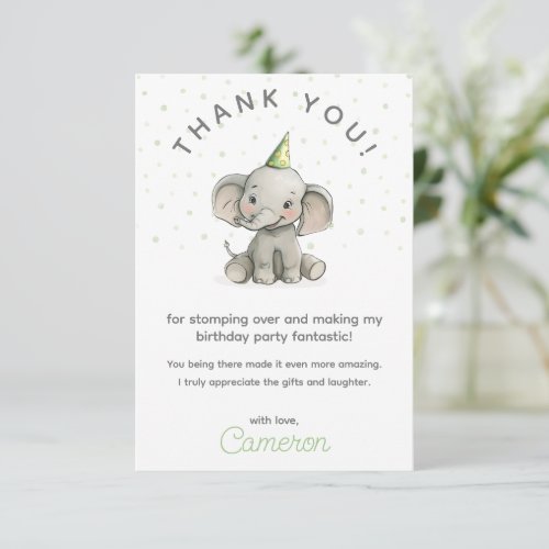 Cute elephant green kidâs birthday celebration  thank you card