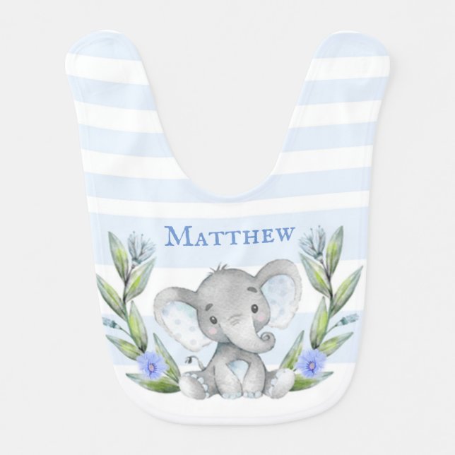 Cute Elephant Greenery Baby Boy Personalized Baby Bib (Front)