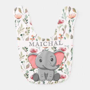 Cute Elephant Greenery Baby Boy Personalized Bib