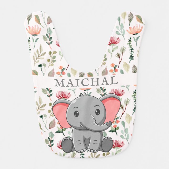Cute Elephant Greenery Baby Boy Personalized Bib (Front)