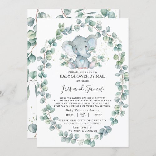 Cute Elephant Greenery Baby Shower by Mail Boy Invitation