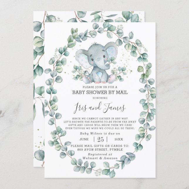 Cute Elephant Greenery Baby Shower by Mail Boy Invitation (Front/Back)