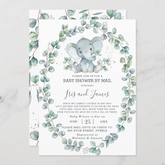 Cute Elephant Greenery Baby Shower by Mail Boy Invitation | Zazzle
