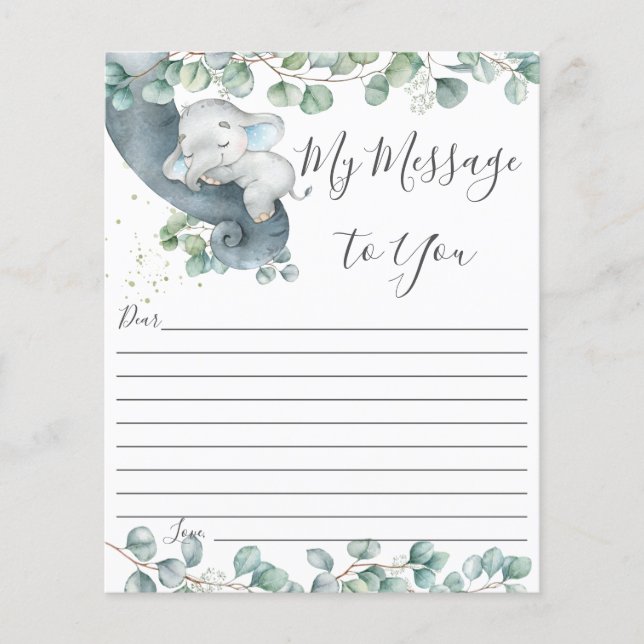 Cute Elephant Greenery Baby Shower Message Sheet (Front)