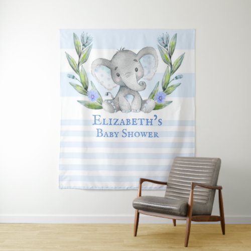 Cute Elephant Greenery Boy Baby Shower Photo Booth Tapestry