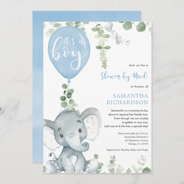 Cute elephant greenery boy shower by mail invitation (Front/Back)