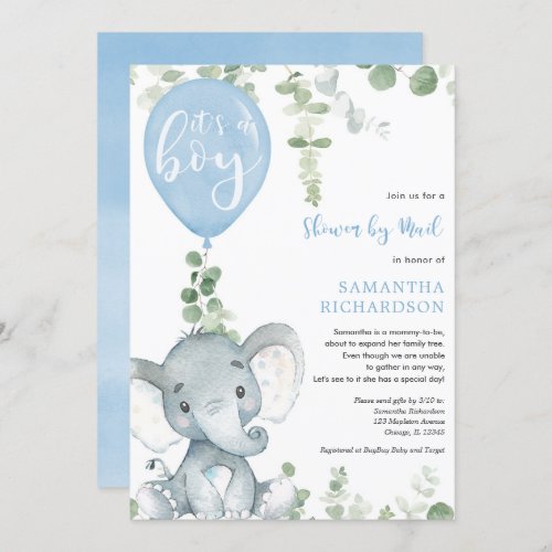 Cute elephant greenery boy shower by mail invitation