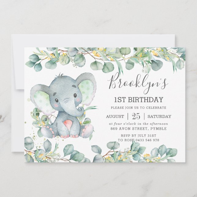 Cute Elephant Greenery Eucalyptus Birthday  Invitation (Front)