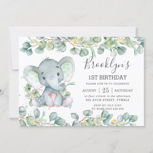 Cute Elephant Greenery Eucalyptus Birthday  Invitation