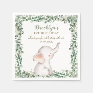 Cute Elephant Greenery Gender Neutral 1st Birthday Napkins