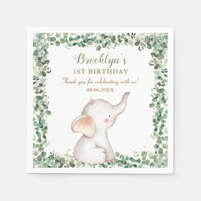 Cute Elephant Greenery Gender Neutral 1st Birthday Napkins (Front)