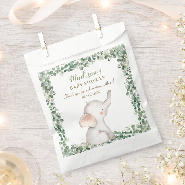 Cute Elephant Greenery Gender Neutral Baby Shower Favor Bag (Clipped)