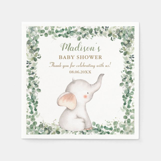 Cute Elephant Greenery Gender Neutral Baby Shower Napkins (Front)