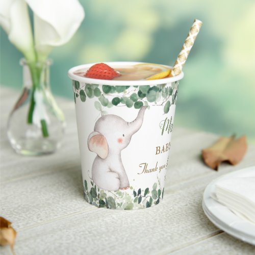 Cute Elephant Greenery Gender Neutral Baby Shower Paper Cups